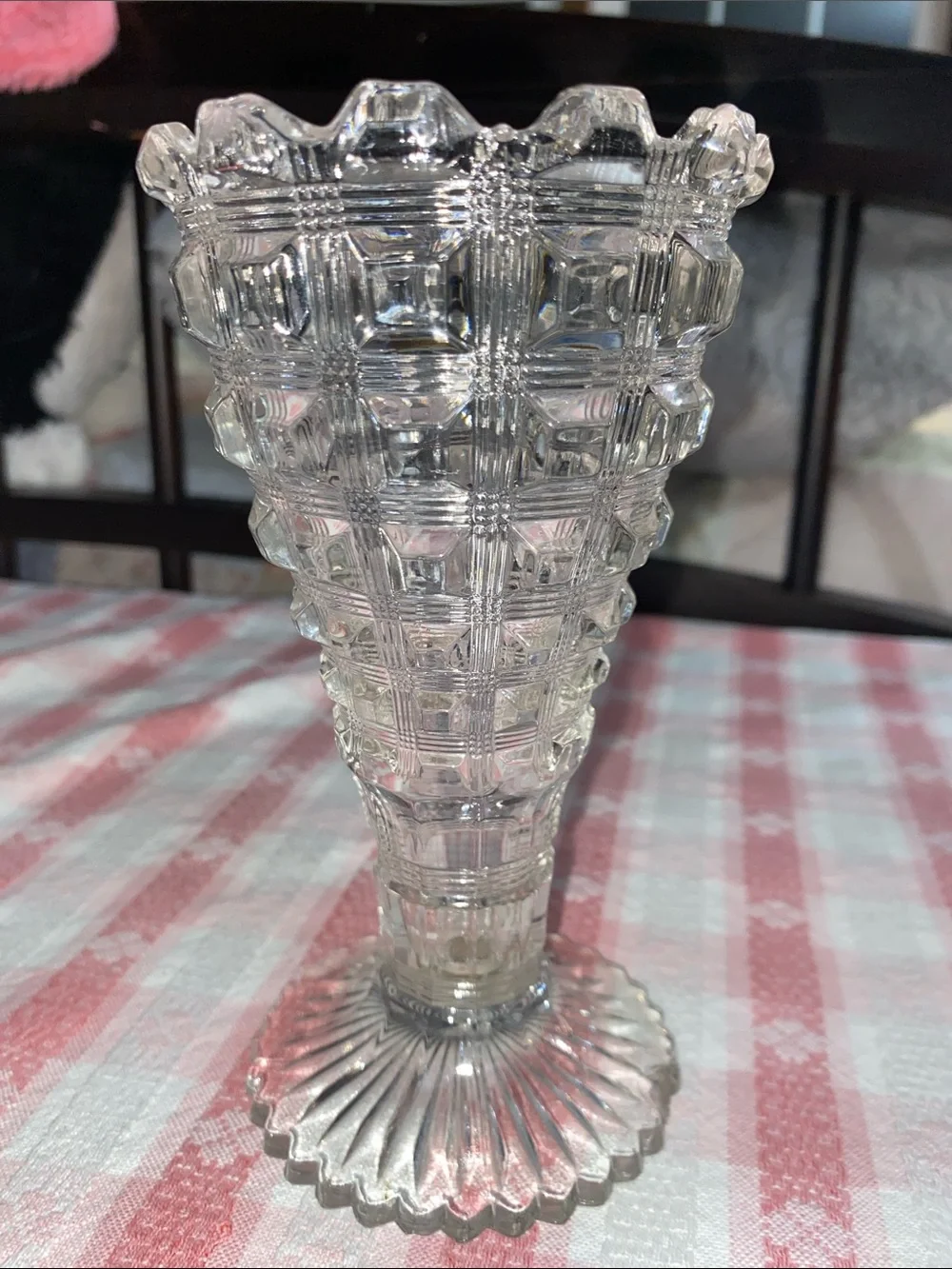 Antique Westmoreland No. 124 Berlin Reeded Waffle Clear Glass Vase, c. 1924